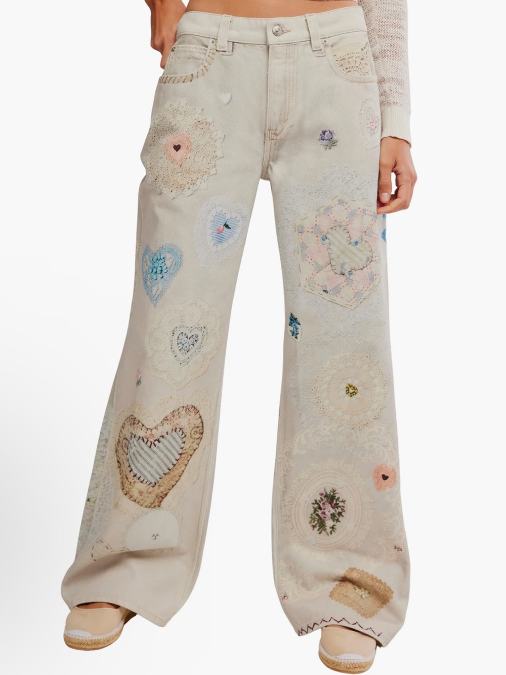 Embroidered Heart Patch Wide-Leg Jeans - Cream